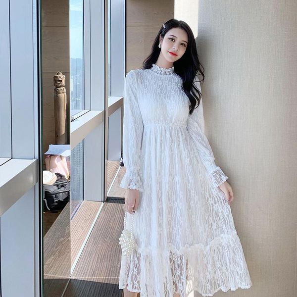 

coigarsam 4xl plus size vintage women dress new spring cute dresses white lace 6958, Black;gray