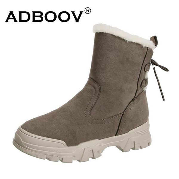 

adboov back lace-up mid-calf snow boots women casual fur lining boots ladies femmes bottes, Black