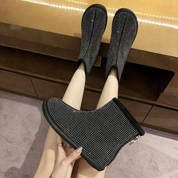 

korean version of the 2021 autumn new starry sky rhinestone boots motorcycle boots short flat shoes women's shoes, Black