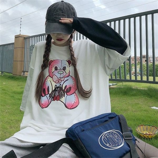 

3khfl 2020 yuansufeng street ins fun bear loose and children's coat t-shirt fake two upper clothes t-shirt for men and women with rou, White