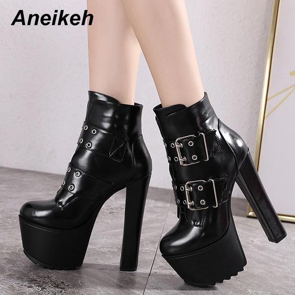 

boots aneikeh spring women shoes mid-calf riding pu rome buckle thin heels strap party round toe size 34-40 nightclub, Black