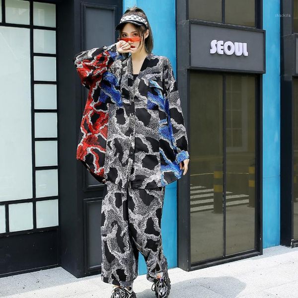 

women stylish clothes set contrast color blocked v neck blouse+wide leg pants1, White