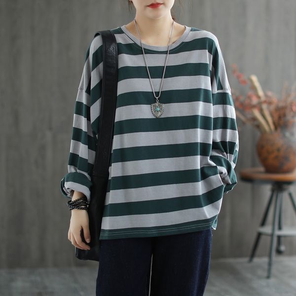 

qi pullover sweatersweaterengraves the autumn 2020 loose large striped sweater women's round neck pullover large fat sister m93t2 m9, White