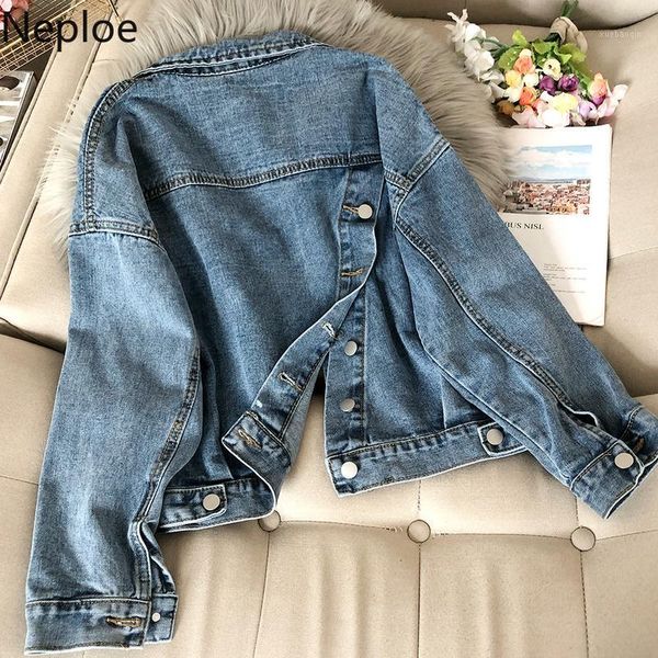 

neploe turn down collar long sleeve denim jacket women back split design button casaco feminino pocket korean coat spring 491651, Black;brown