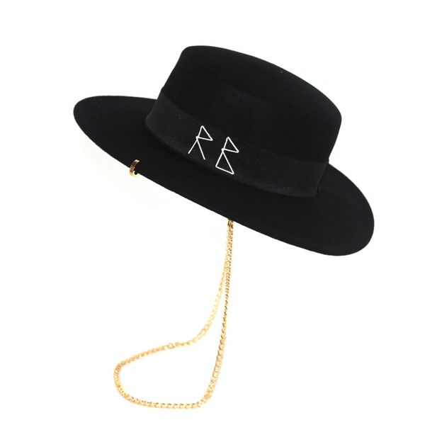 

autumn and winter women lady brand designers retro wide brim floppy panama hat metal chain buckle wool fedora hat c0123, Blue;gray