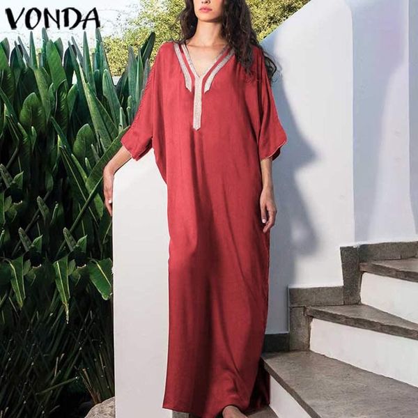 

fashion autumn dress vonda woman vintage printed maxi dresses casual loose beach party sundress plus size vestidos robe, Black;gray