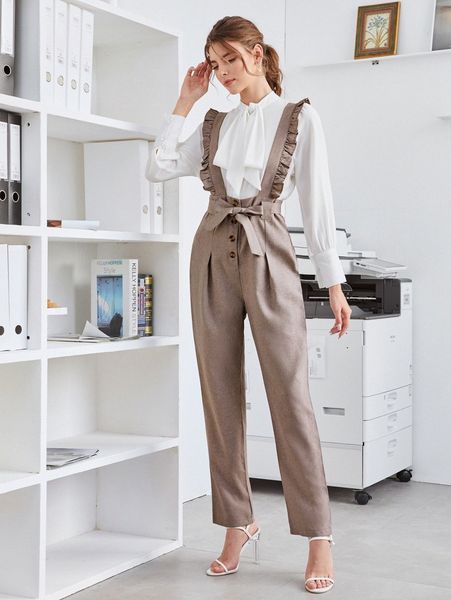 

ruffle trim self tie button front overall n5jk#, White