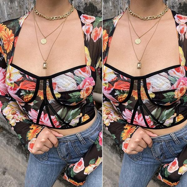 

female printed style square neck long sleeve floral shirt as shown1, White