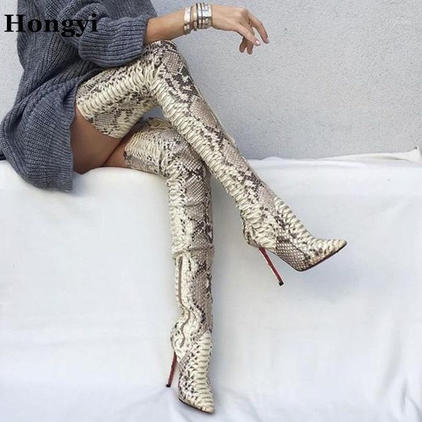 

hongyi autumn winter snakeskin high heel over the knee boots women slim fit long boots big size 431, Black