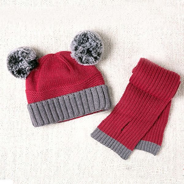 

children's hat and scarf two ball piece set 3fe1, Red;brown