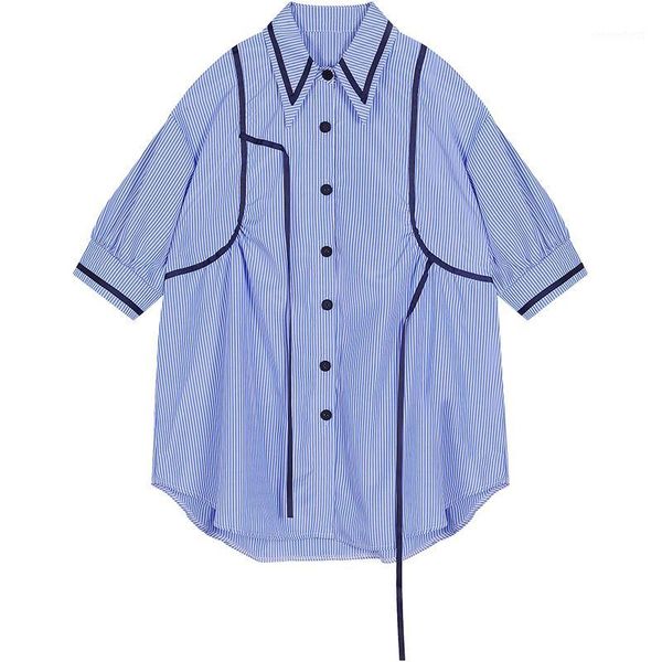 

blue vertical stripe shirt women summer loose casual splice design vintage mid-long shirt dress female streetwear blouse 1, White