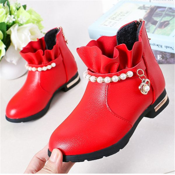 

leather boots for girls ankle pu pearls soft little warm kids shoes winter size 27-37, Black;red