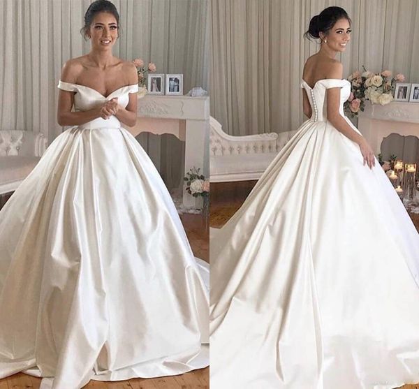 

simple satin ball gown wedding dresses 2021 off the shoulder chapel train princess bridal gowns arabic plus size vestidos de novia al8677, White