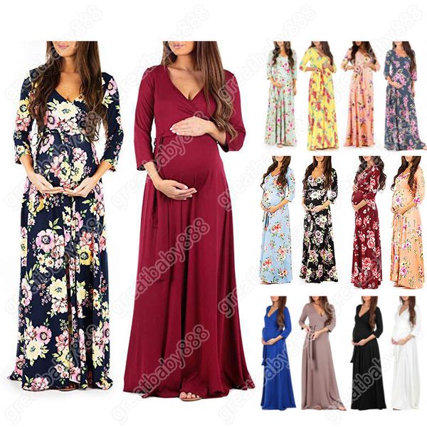 Женщины Цветочные Материнство платье 14 цветов с длинным рукавом для беременных беременных Одежда Бутик Женщины Платья Твердая V-образным вырезом женщин Maxi платья M2855