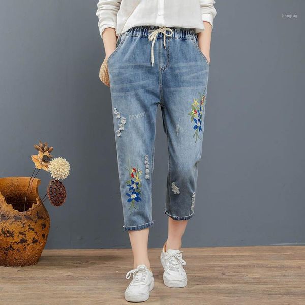 

retro flower embroidered jeans woman capris casual lace up hole ripped jeans women loose denim harem pants women plus size c63001, Blue