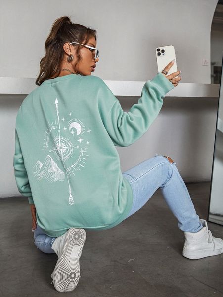 

compass print drop shoulder sweatshirt t2go#, White;black