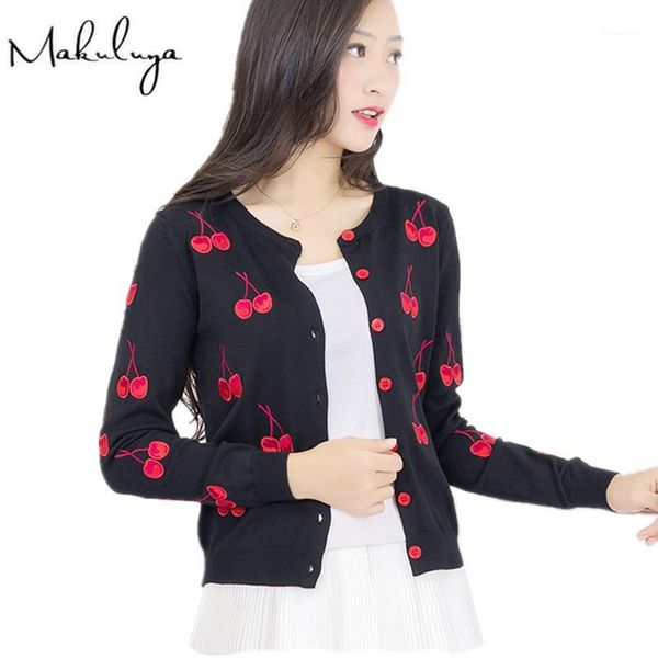 

makuluya autumn spring women sweater cherry embroidery pattern jacket coat long sleeve vintage allmatch knitting cardigan l61, White