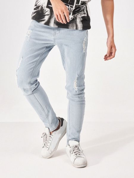 

men ripped washed tapered jeans f88d#, Blue