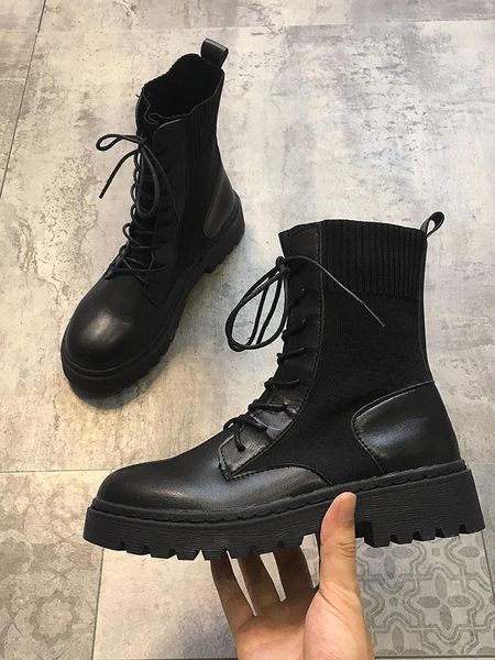 

boots women's shoes short winter 2021 black plus velvet lace elastic stockings stitching boots1
