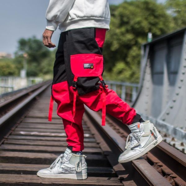 

men hip hop 2021 pants mens spring autumn harem pant streetwear harajuku jogger sweatpants male ribbons cargo pants side pockets1, Black