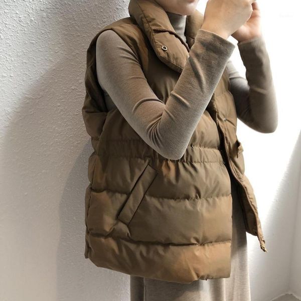 

winter spring warm vest korean stand-up collar waist belt loose coat thickening short cotton waistcoat women puffer jacket1, Black;white