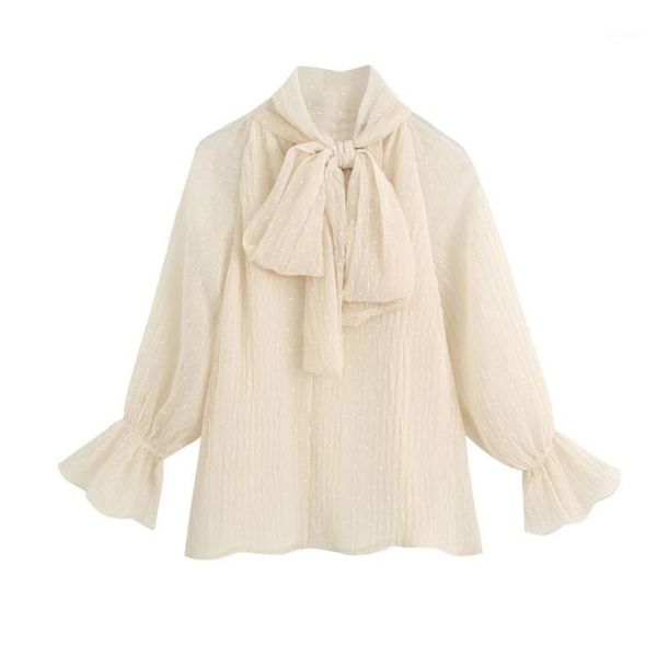 

woman dot flocking chiffon loose shirt femme stand collar bow tie blouse casual lady lantern sleeve smock blusas s79621, White