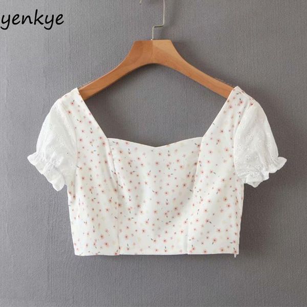 

chic floral print crop women short sleeve square neck holiday summer embroidery short blouse chiffon, White