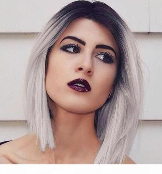 

glueless full lace human hair ombre wigs peruvian human full lace wig with bleached knots two tone 1b grey front lace wigs, Black;brown