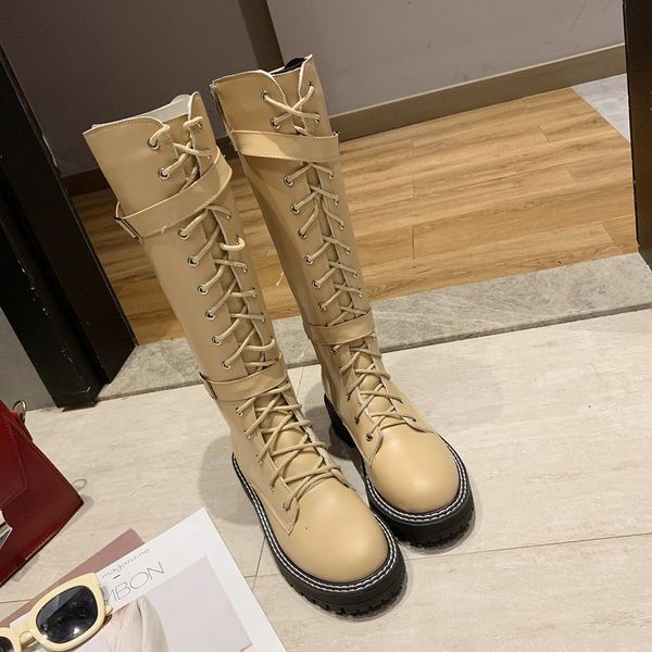 

new warm 2021 winter women's leather knee high-fashion ride buckled rent up military combat 35-42 boots yrtb, Black