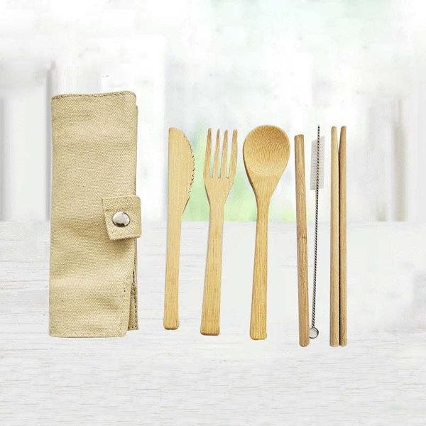 

portable bamboo dinnerware six pieces knife spoon fork straw and chopsticks with fabric bag logo by customized
