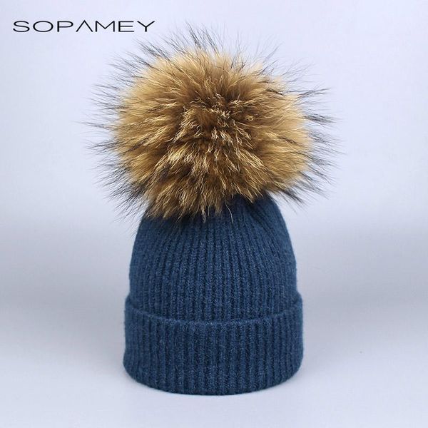 

beanie/skull caps 2021 natural raccoon fur pompon hat thick winter for women cap beanie hats knitted cashmere wool female skullies beanies, Blue;gray