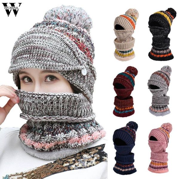 

berets womens hat ladies autumn and winter plus velvet color matching knitted bib mask three-piece bicycle warm thick wool cap au30, Blue;gray