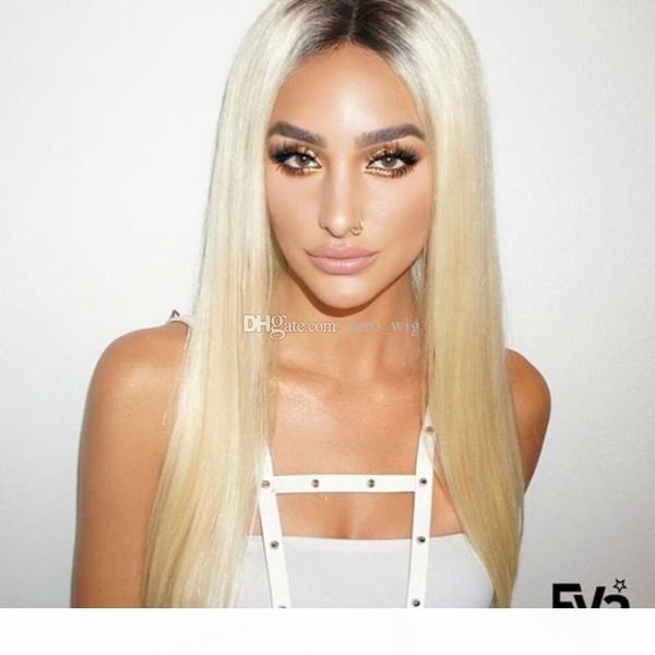 

dark roots human hair ombre blond 613 lace front wig 24inch silky straight brazilian remy hair #613 full lace wig, Black;brown