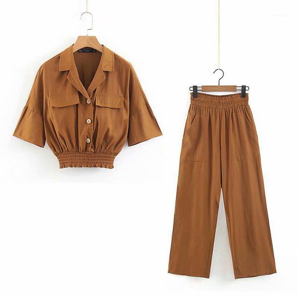 

2020 women casual brown two piece set female spring-summer short sleeve shirts high elastic waist long pants ensemble femme1, White