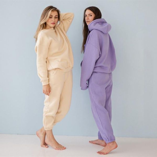 

autumn winter fleece hoodies tracksuit women two piece set warm clothes oversized sweatshirt and pants sweat suits solid outfits, Gray