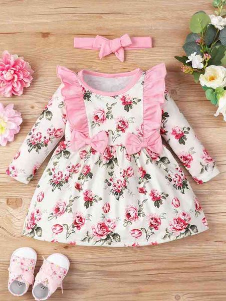 

baby floral print ruffle trim bow front dress & headband she, Red;yellow