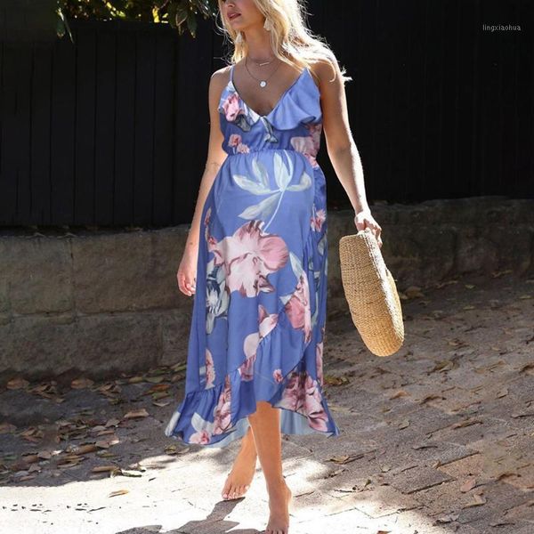

2020 pregnancy dress pgraphy props women v-neck sleeveless flower print ruffle dresses robe grossesse summer dress1, White