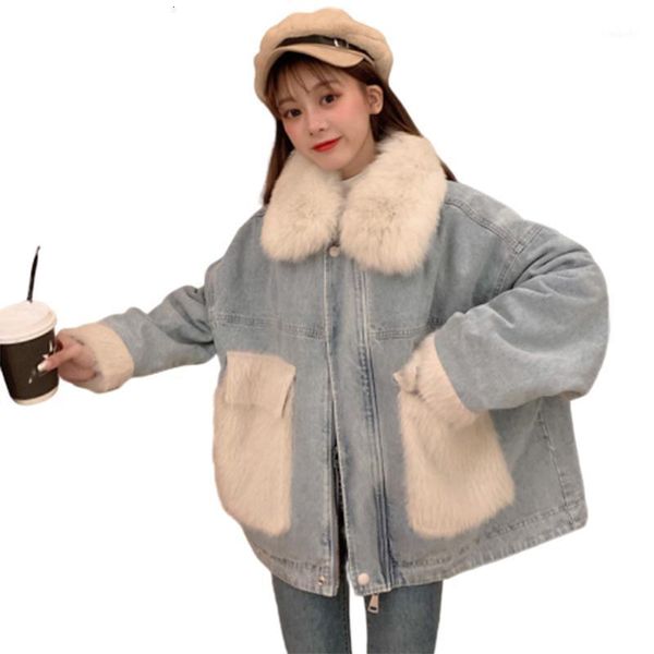 

2020 loose coat woman winter real fur collar cotton-padded outwear denim jacket warm chic jacket bechaqueta mujer, Black;brown