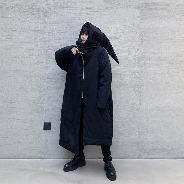 

male japan cotton padded hooded coat outerwear men asymmetry hem dark black halloween wizard thick long parka jacket1