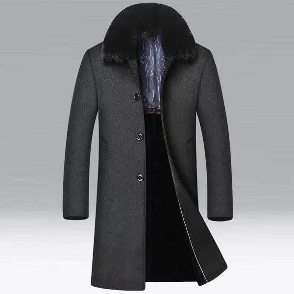 

men's wool & blends legible winter jacket high-quality coat casual slim medium length fur collar trench, Black