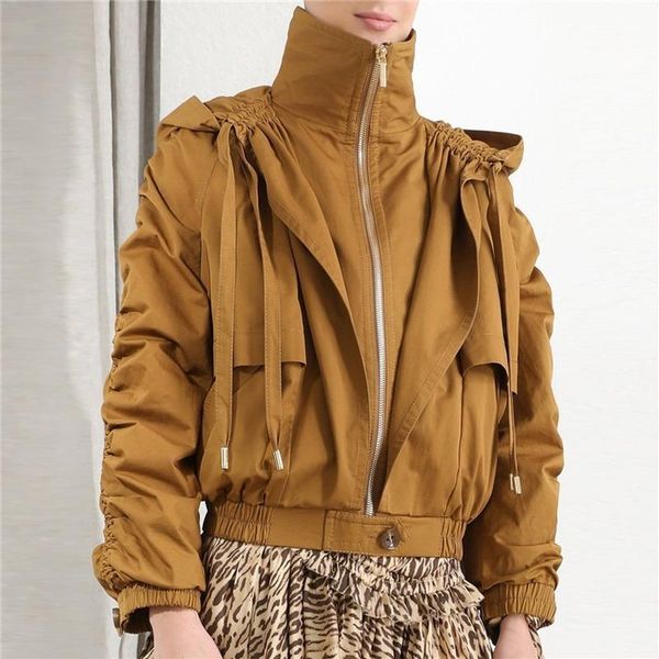 

new women's short trench hooded outerwear coats 2020 autumn high street personality designer pleated puff sleeves coat clothing1, Tan;black