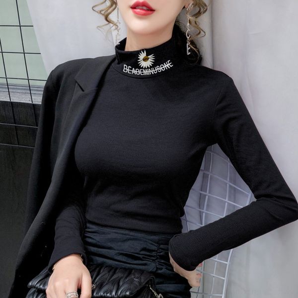 

lcf3b high stretch small daisy embroidered collar shirthalf bottomed shirtembroidered high shirt women's long sleeve t-shirt cmz32, White