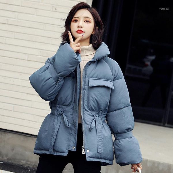

winter coat women casual oversized jackets solid lace up waist bubble flare sleeve coat parkas thick warm parka mujer1, Black