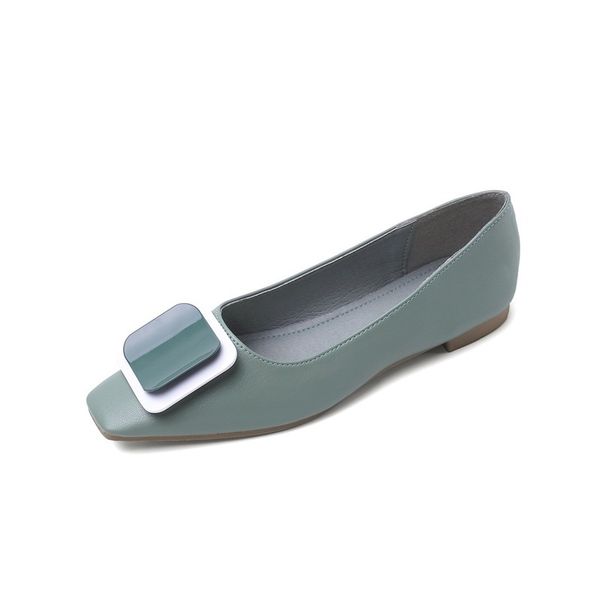 

2021 new spring see women's apartments genuine leather shoes flat toe one inch green heels and 2tum, Black