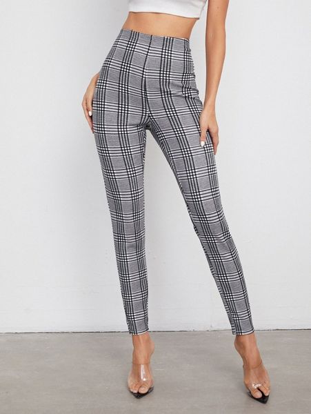 

elastic waist plaid pants m6fx#, Black;white