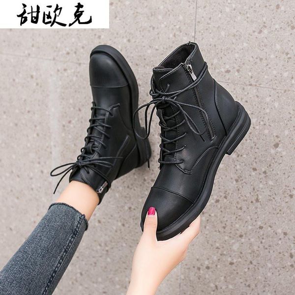 

2020 new autumn women's boots ladies fashion boots lace up round head low heel high heel comfortable pu shoes botas mujer, Black