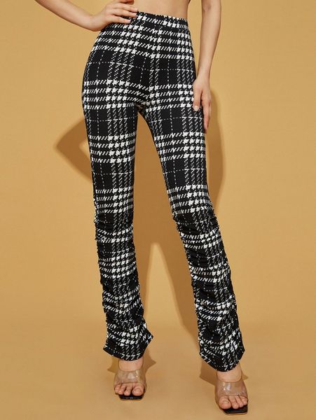 

high waisted plaid print ruched pants w9pq#, Black;white