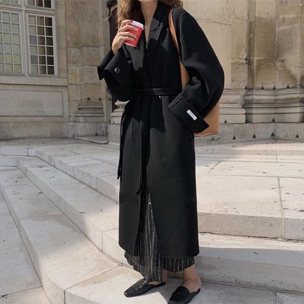 

2020 new double-sided cashmere coat women's middle and long woolen coat turnover sleeve belt woolen wholesale1, Black