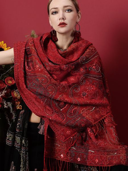 

autumn and winter high-grade wool scarf shawl dual-purpose ladies' noble dark red light luxury ethnic style indian handmade nail beads, Blue;gray