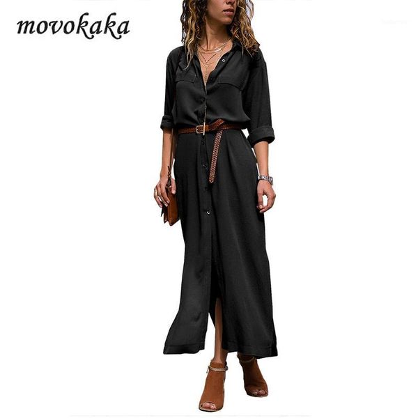 

movokaka fashion black dress long sleeve summer long dress women elegant dresses woman party plus size office women button1, Black;gray